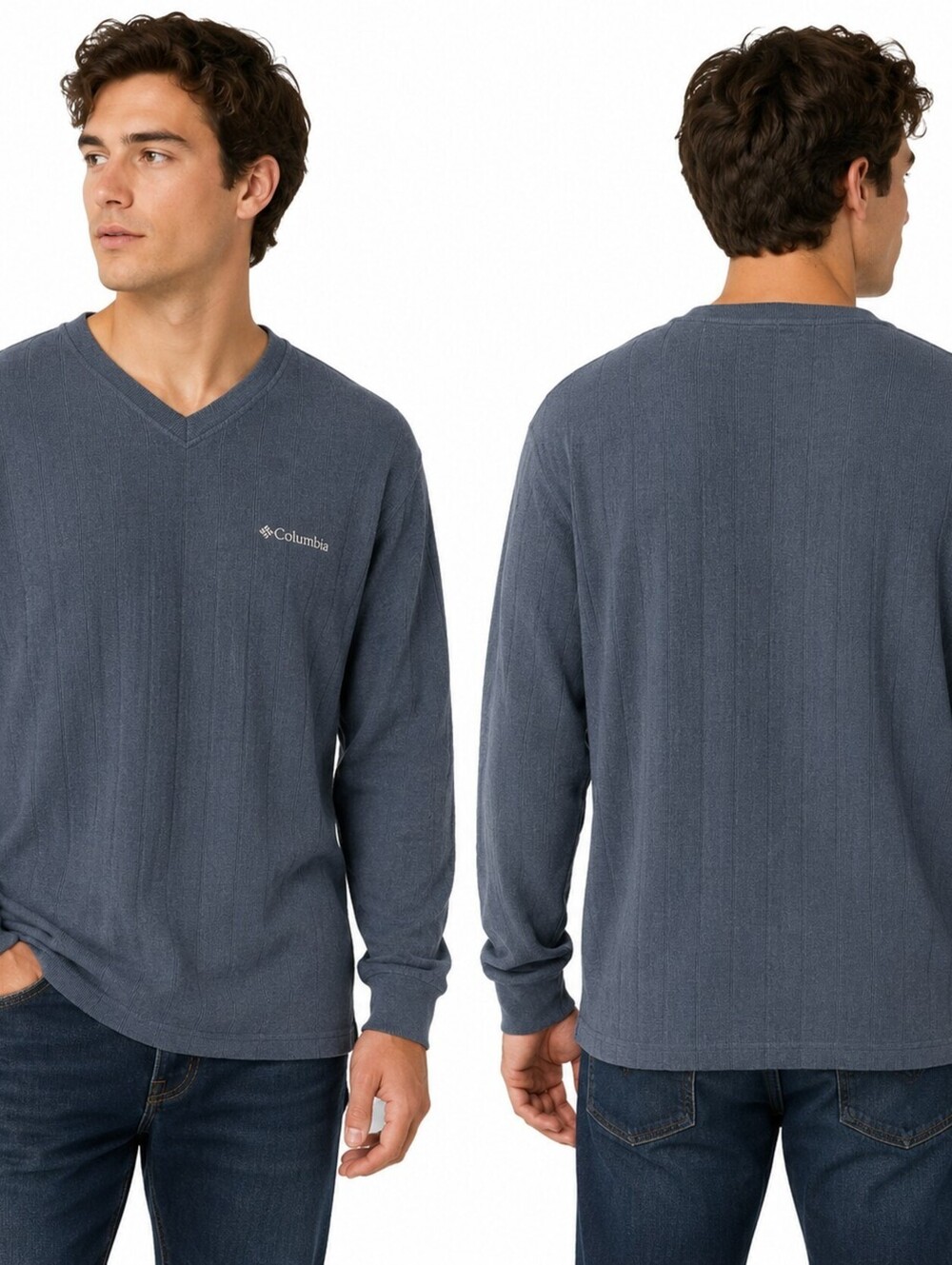 Columbia Sportswear Men’s Blue V-Neck Long Sleeve Cotton Blend Shirt - M